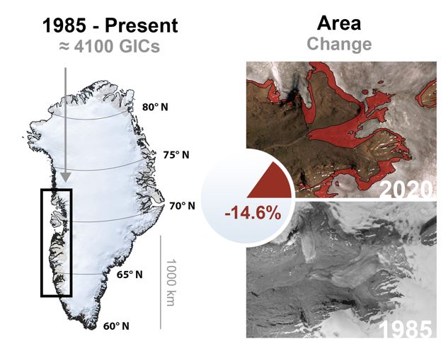 A sinistra, la zona della Groenlandia nella quale si è svolto lo studio. A destra, l’area di uno stesso ghiacciaio rilevata nel 1985 e nel 2020