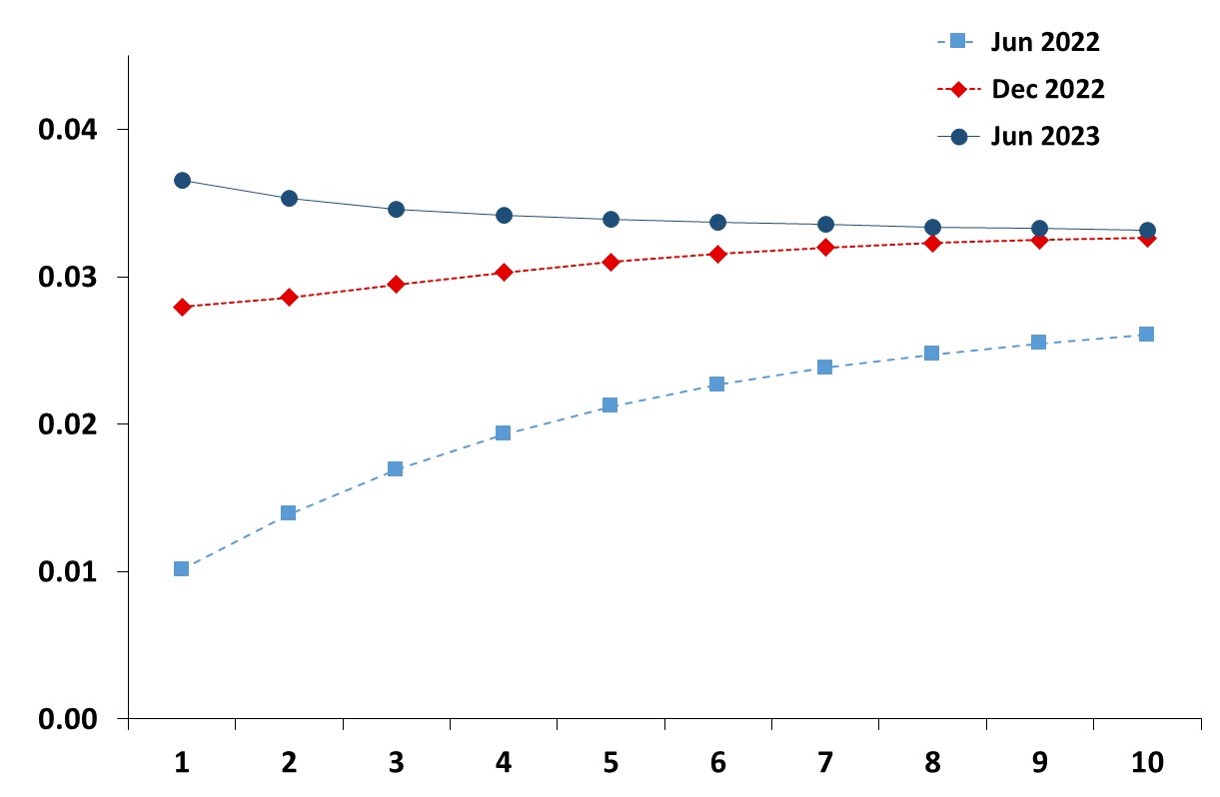 This graph shows the evolution of the estimated term structure of expected short rates in the Euro Area