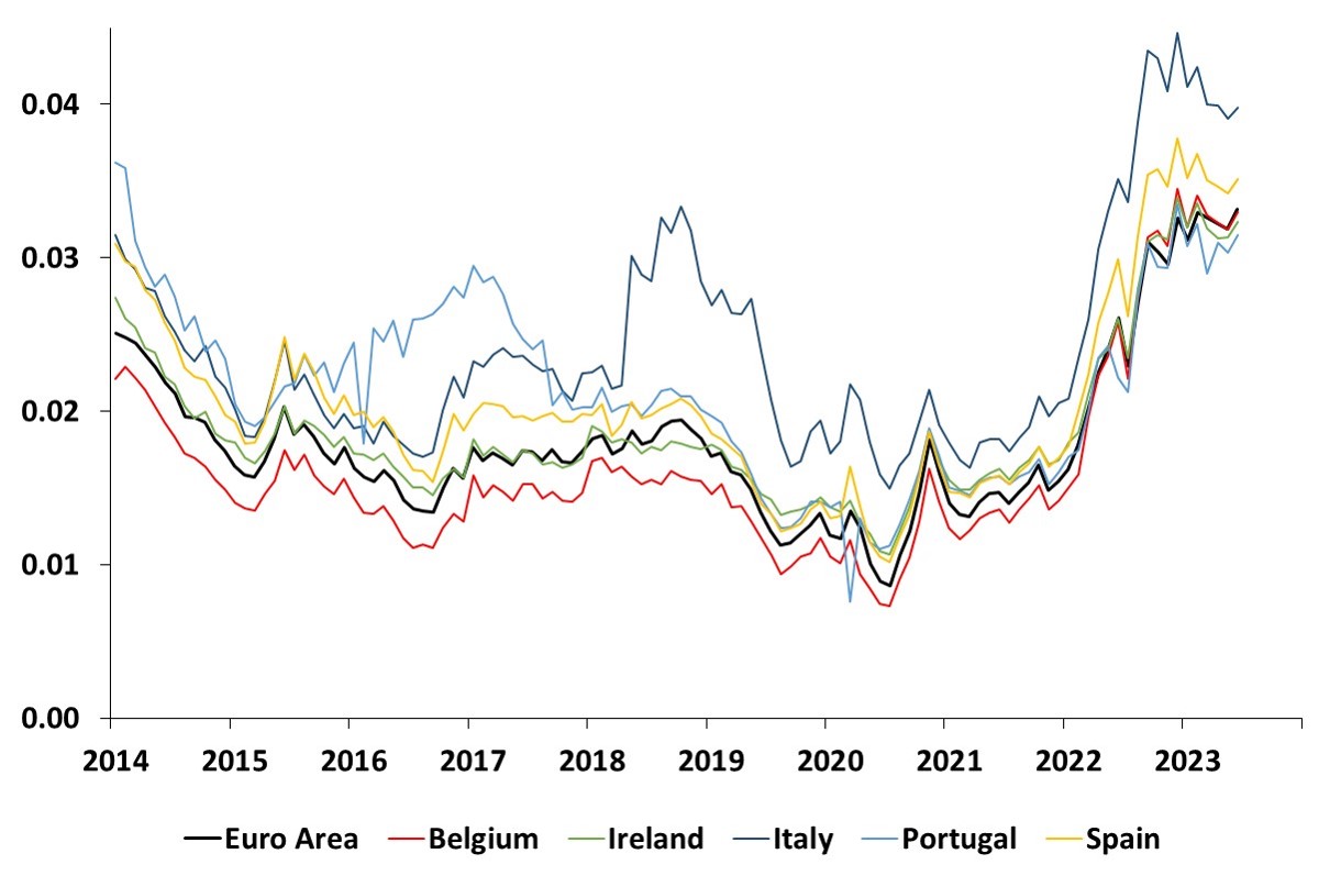 This graph shows the time series estimates of the 10-year expected short rate for the Euro Area, Belgium, Ireland, Italy, Portugal and Spain