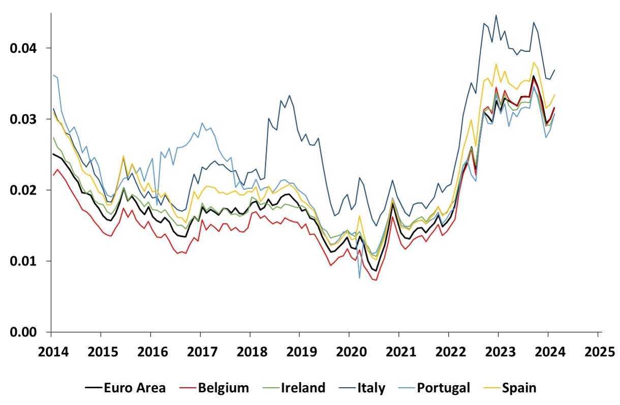 This graph shows the time series estimates of the 10-year expected short rate for the Euro Area, Belgium, Ireland, Italy, Portugal and Spain